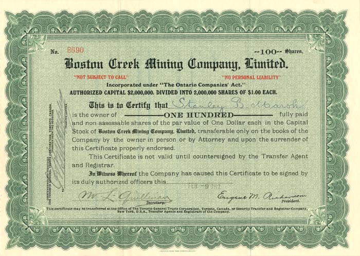 Boston Creek Mining Co., Limited - Stock Certificate